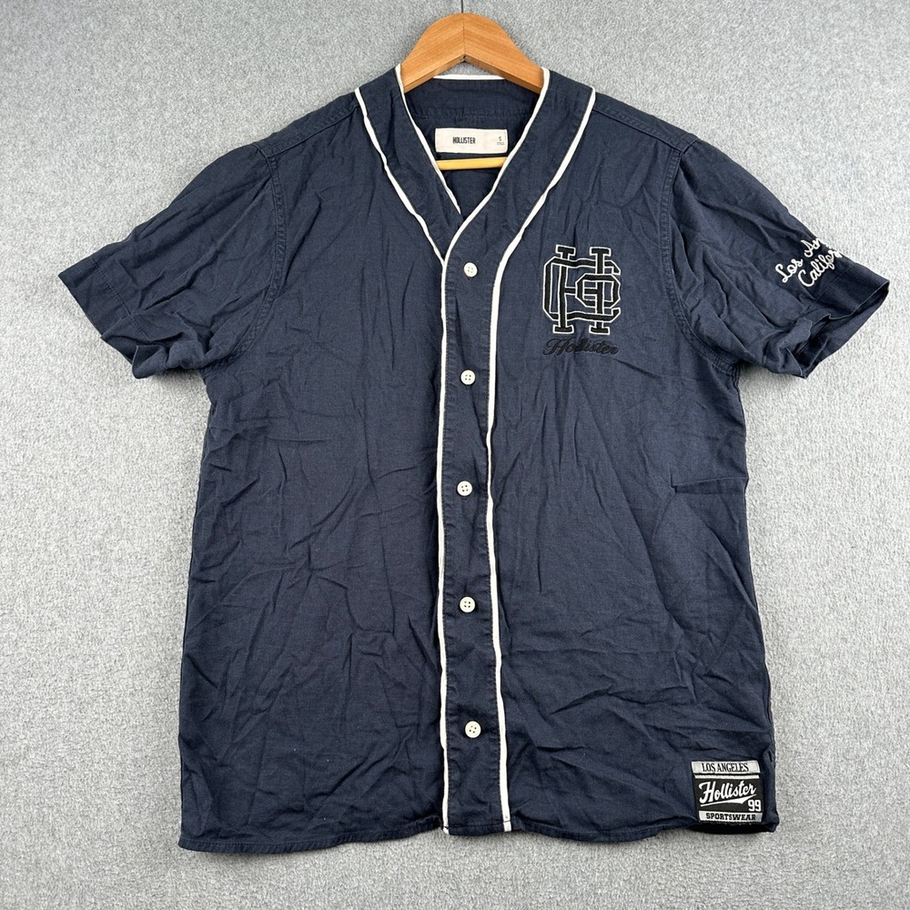 Hollister Baseball Jersey Mens Small Sportswear Navy Blue Button Down Sport